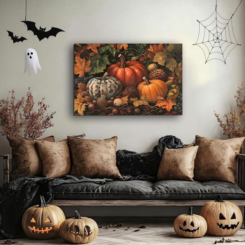 Vintage Framed Wall Art 16x24in, Colorful Pumpkin Autumn Painting, Farmhouse Pumpkin Posters Country Cottage Fall Decor for Living Room, Bedroom, Bathroom, Halloween Room Recor