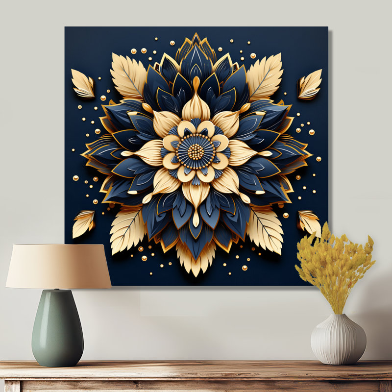 Mandala de lotus doré et bleu foncé - Botanicals, Toile avec cadre flottant noir, H 16 po x l 16 po x P 1 po