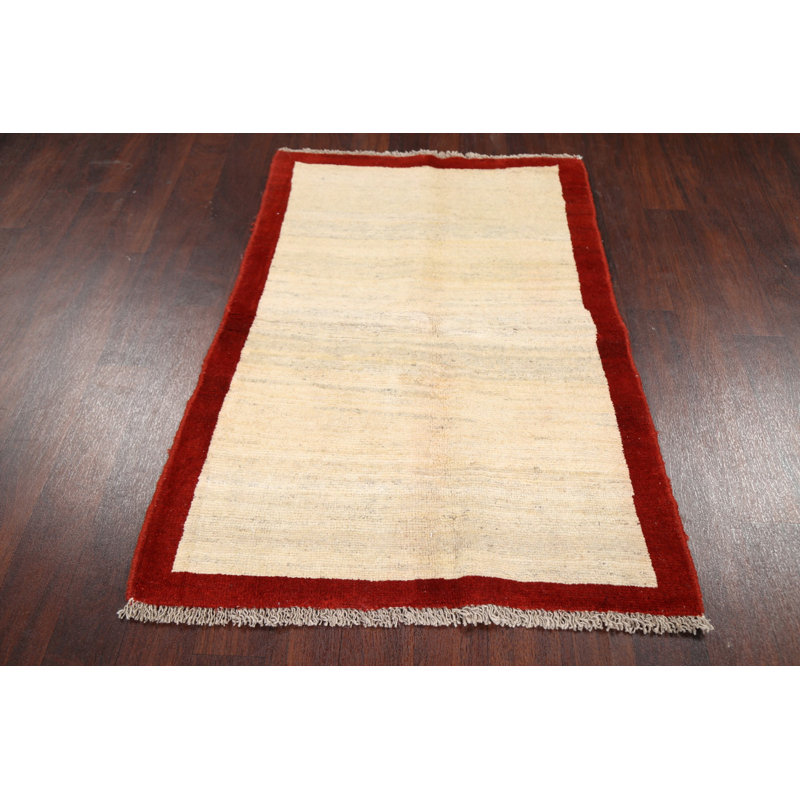 Tapis unique en laine noué à la main Gabbeh nouvel âge beige et rouge de 3 pi 2 po x 4 pi 7 po Messier