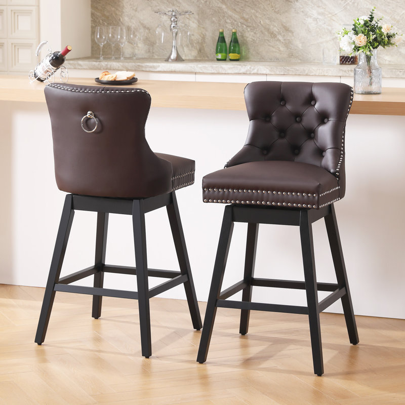 Swivel Bar Stools Set of 2, PU Leather Bar Chairs with Button Tufted Front and Ring Pull Back, 30" Bar Height Stools with Solid Wood Legs for Kitchen Island or Bar, Brown