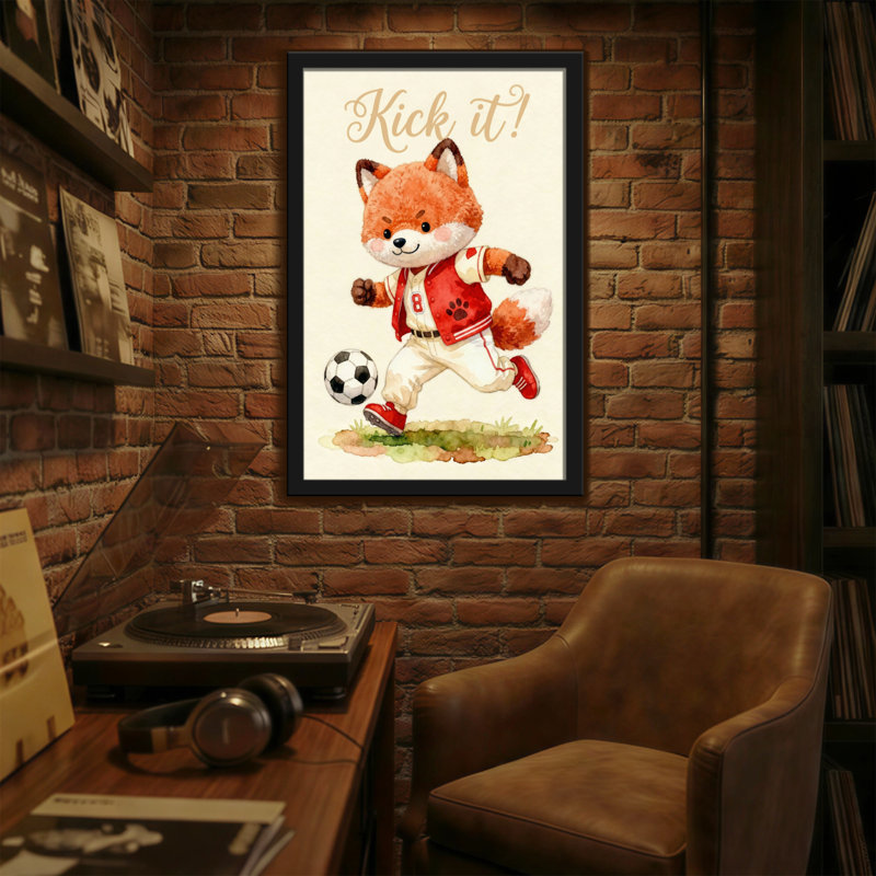 Animaux, renard jouant au soccer avec ballon et texte, H 18 po x l 12 po