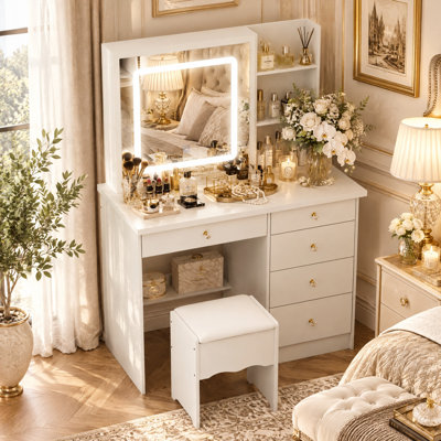 Ensemble coiffeuse de 100 cm de large avec miroir lumineux à 3 modes, 5 tiroirs et tabouret rembourré