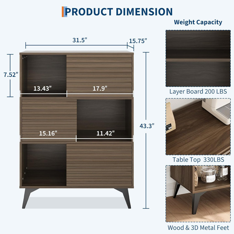 Modern Accent Cabinet with Doors and 3 -Tier Storage Cabinet Wooden Buffet Display Stand with Strong Legs for Living Room Dining Room Kitchen Hallway (Brown)