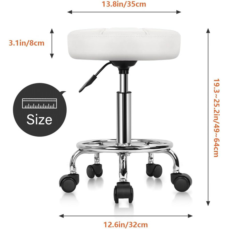 White Round Rolling Stool Chair – PU Leather, Height Adjustable, Swivel, With Wheels, Small Stool For Office/SPA/Medical/Salon/Drafting Work