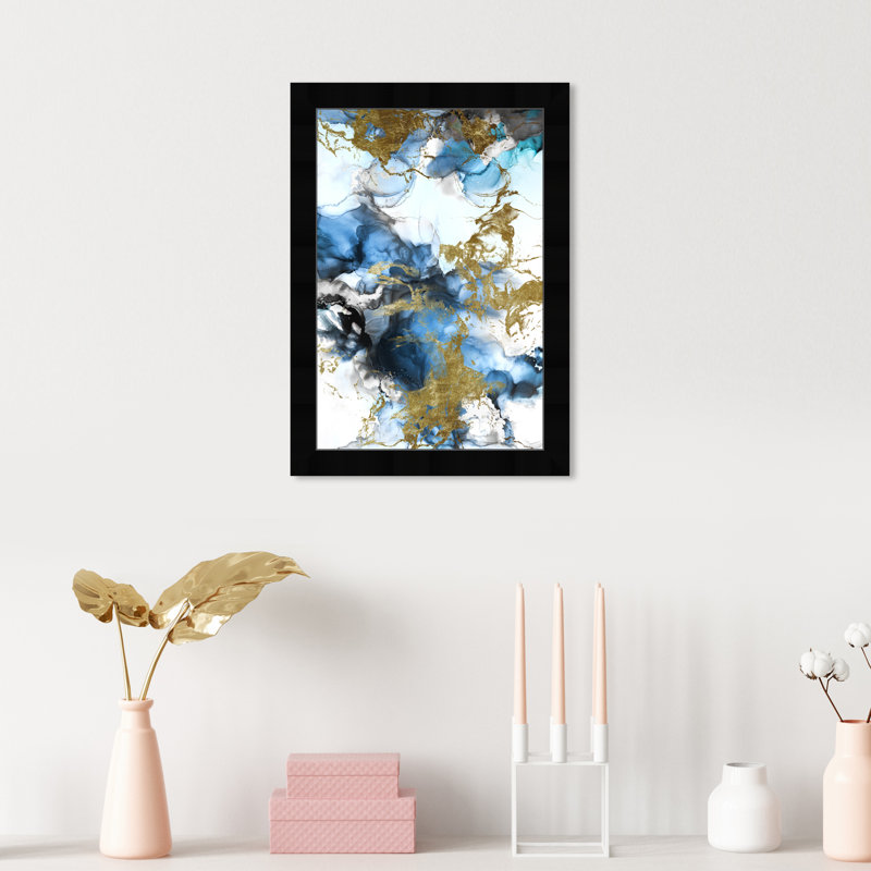 «Blue Gold Abstract Shapes Coastal», reproduction d'art encadrée pour chambre à coucher, Noir, L 17 po x H 17 po