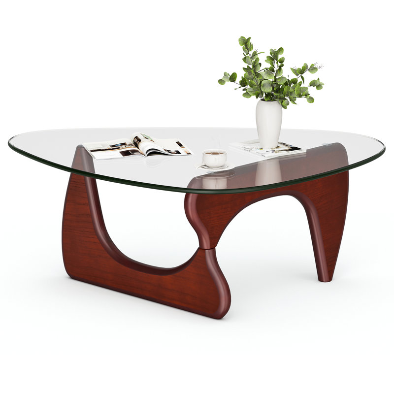 Modern Triangle Glass Coffee Table With Tempered Glass Top And Solid Wood Base, Mid-Century Living Room Center Table, Small Space Coffee Table