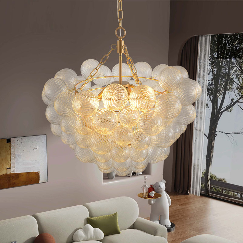Lustre suspendu avec abat-jour sphérique en verre transparent fileté - Hauteur réglable, idéal pour le salon, la salle à manger, la cuisine (sans ampoules)