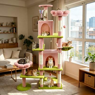 Tour pour arbre à chat à plusieurs niveaux rose et vert avec condos, hamac, perchoir à fleurs et poteaux à griffer, grande maisonnette pour chat avec boules à jouets suspendues pour chats d'intérieur