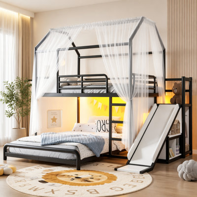 Lit superposé en métal avec glissière et échelle pour lit double avec lit à barreaux et échelle, lit superposé en forme de maison avec bande lumineuse à DEL, rideau d'intimité, armoire de rangement mobile et tringle, lit superposé double pour enfants, noir