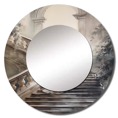 Pirley Stunning Girl By The Stairs II - Romantic Decorative Mirror, Beige Round Wall Mirror, Printed Metal Art