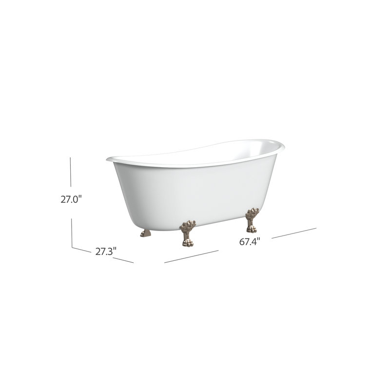 Jalaine 68'' x 28'' Soaking Cast Iron Bathtub, Brushed Nickel, White Interior with White Exterior