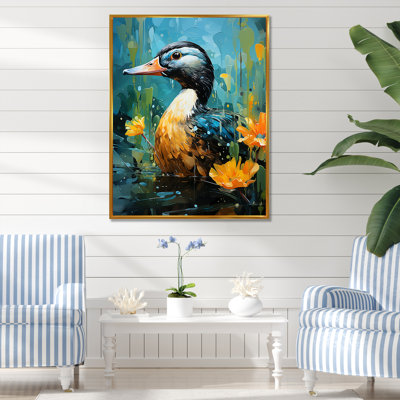 Moonlit Duck In Floral Elegance - Art mural animal canard