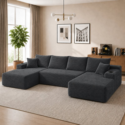 126" Cloud Sectional Sofa with U-Shape Chaise and Side Pockets and Cup holder , Modern Modular Design, Deep Seating, Upholstered Couch for Living Room/Bedroom, No Assembly Required (Plush)GREY