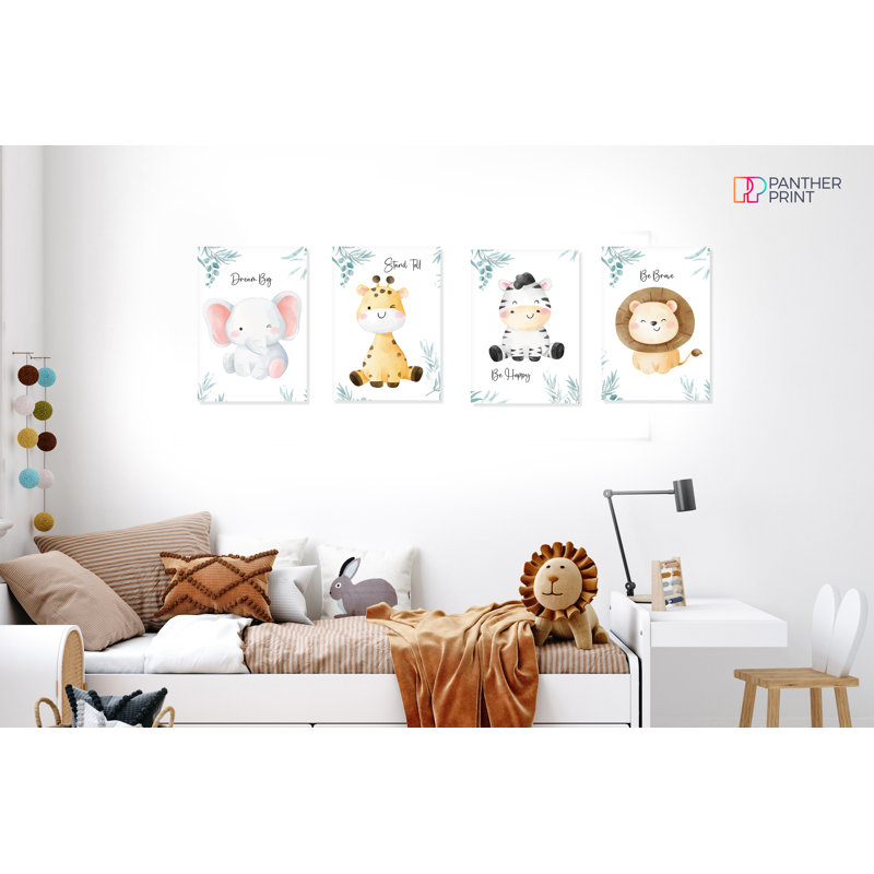 Safari Elephant, Giraffe, Lion, And Zebra - 4 Piece No Frame Print Set, 42cm H x 29.7cm W