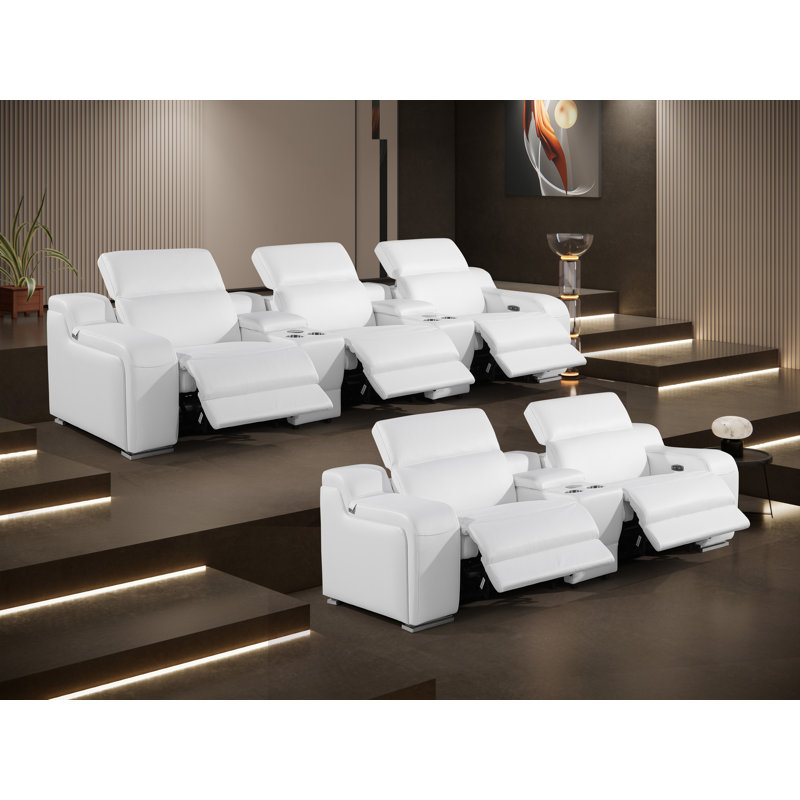 Ensemble de canapés inclinables en cuir italien 8 pièces 8 pièces avec appui-tête électrique, Cuir véritable blanc