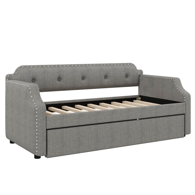Twin Size  Linen Upholstered Daybed Sofa Bed With Pull-Out Trundle Design, Gray