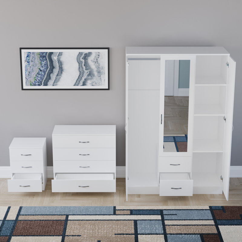Maybery 3 Piece Bedroom Set (3 Drawer Bedside Chest, 4 Drawer Chest, 3 Door 2 Drawer Mirrored Wardrobe), (5), White