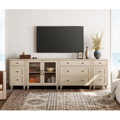 Grand meuble télé Scarlett pour téléviseur 85 pouces, console de télévision à DEL pour téléviseur 85 pouces, centre de divertissement avec station de charge et porte vitrée, buffet de cuisine pour salle à manger