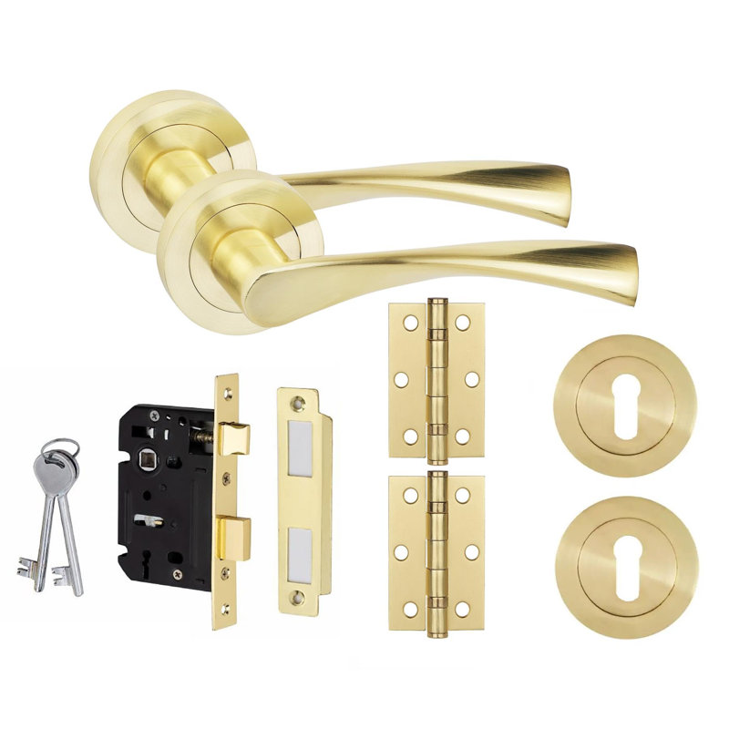  Astrid Design Key Lock Door Handle Set in Satin Brass Hinges and Mortise Lock