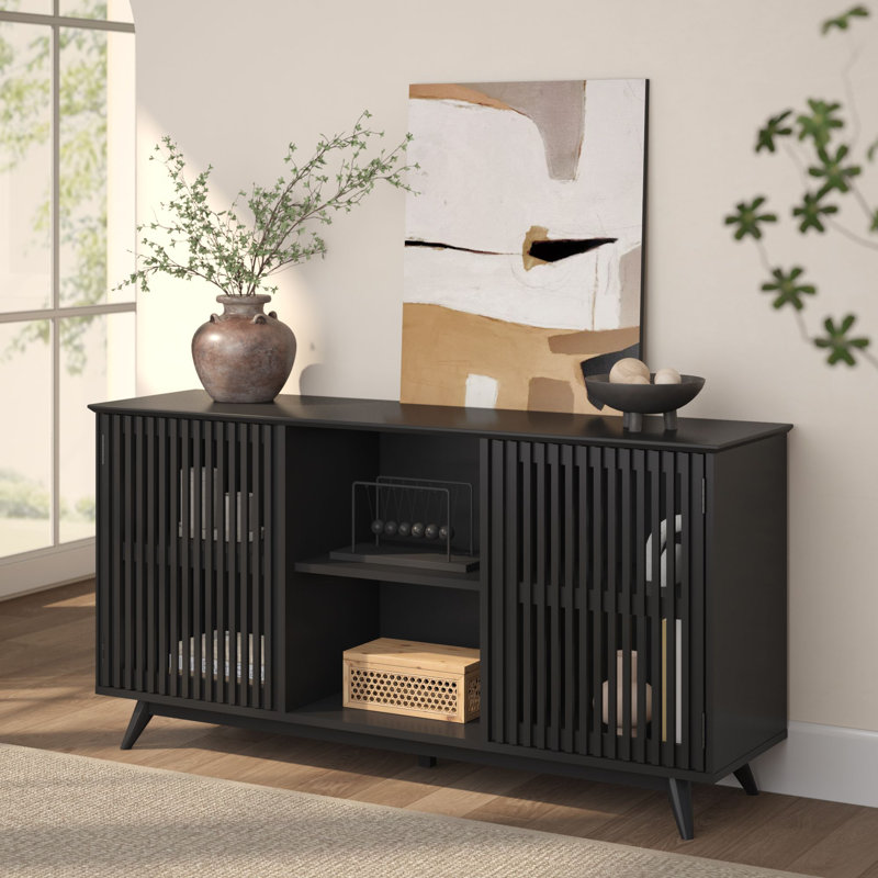 Mid-Century Modern 59" Solid Wood Sideboard/TV Stand with Slat Doors, Black