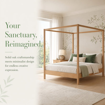 Solid Pine Wood Canopy Bed Frame King Size, Modern Four-Poster Bed with Wooden Slats Support, No Box Spring Needed, Natural Wood Finish
