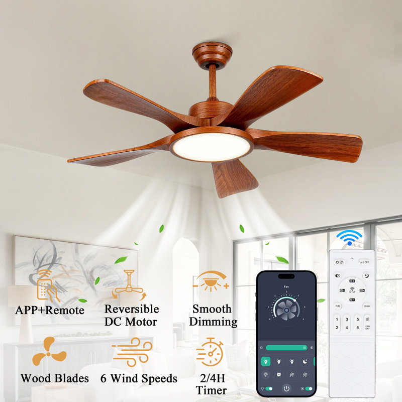 Ventilateur de plafond 42 po à 5 pales en bois avec éclairage, télécommande APP et moteur CC réversible, L 42 po