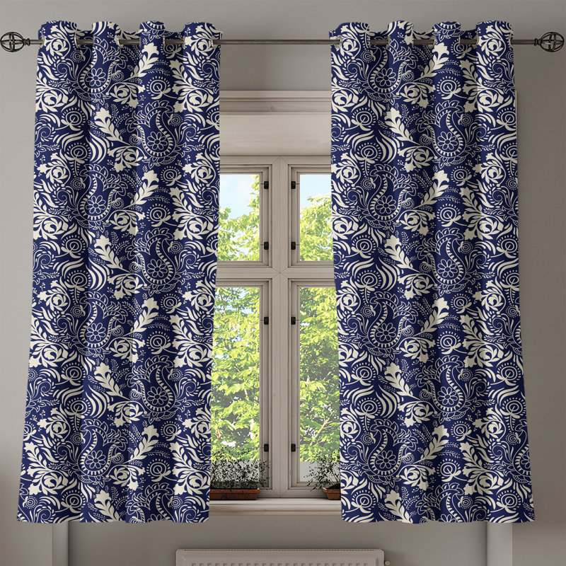 East Urban Home Tulips Grommet Curtain Decorative 2-Panel Window Drapes, 50", Navy Blue and Cream, 50" W x 54" L