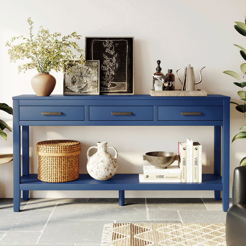 Table de ferme avec 3 tiroirs, console peinte avec tablette inférieure et poignées en fer, table de canapé minimaliste, Bleu