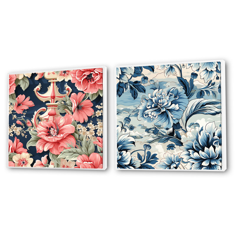 Pavone - Ensemble de 2 collages carrés botaniques abstraits, H 16 po x l 33 po, Cadre flottant blanc
