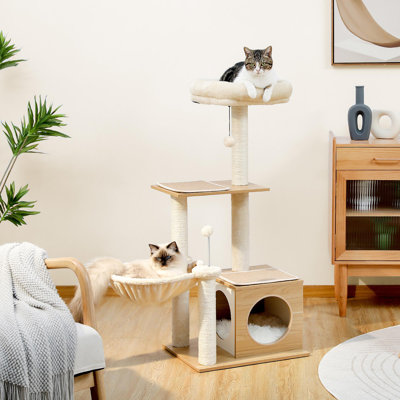 Tour pour chat à plusieurs niveaux avec maisonnette pour chat, poteau à griffer, hamac confortable et boule pelucheuse