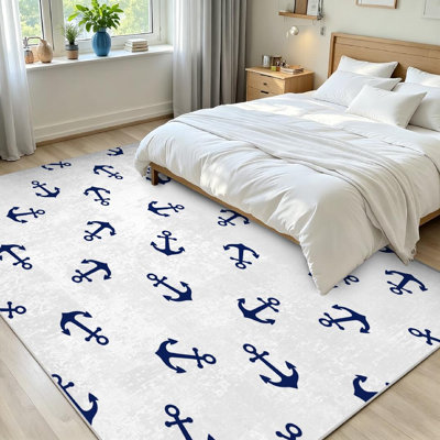 Blue Machine Washable,Abstract with Navy Graphic Marine Anchor Repeat Sea Nautical Indoor Area Rug
