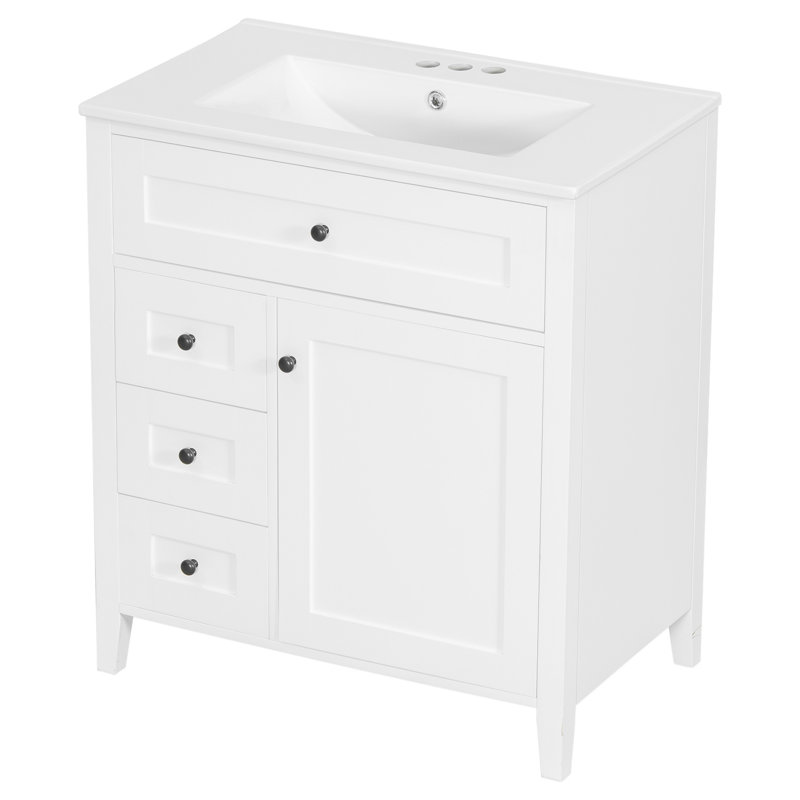 Meuble-lavabo de 30 pouces avec lavabo, panneau de fibres à densité moyenne moderne et bois d'hévéa avec 3 tiroirs et tablette réglable, meuble-lavabo autoportant pour le rangement et l'organisation de la salle de bain (Ancien SKU: N725P350819K)