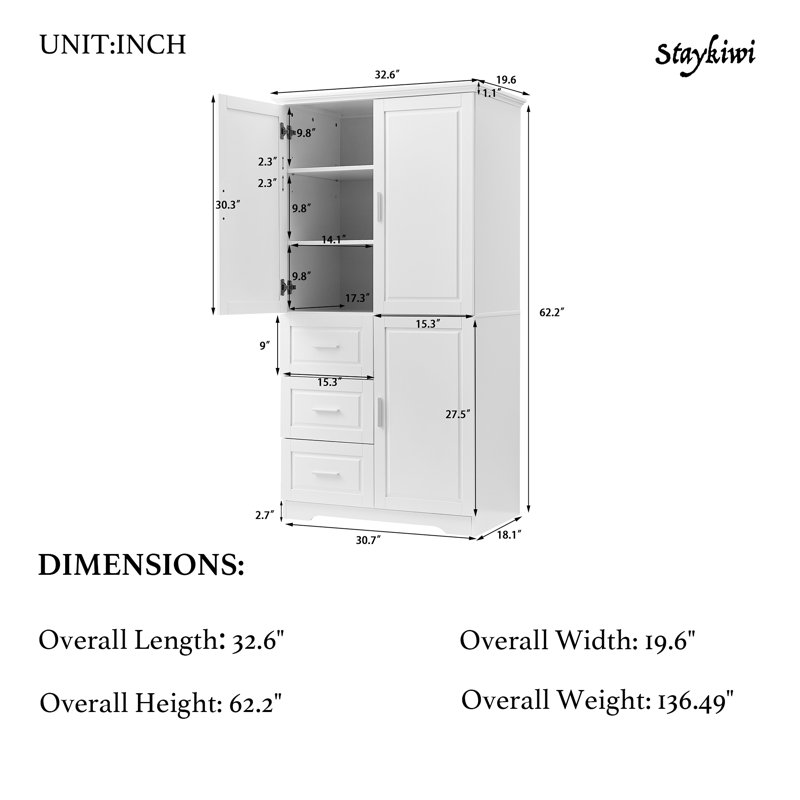 Tall And Wide Storage Cabinet With Doors, White