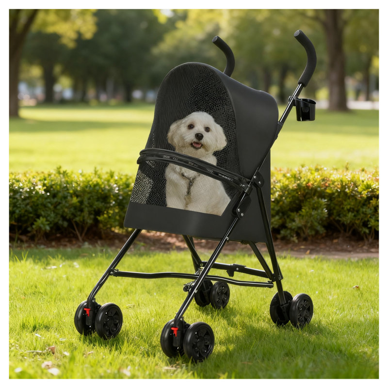 Poussette pour animaux de compagnie pour petits chiens / chats, pliable et léger, évent en filet, porte-gobelet, noir