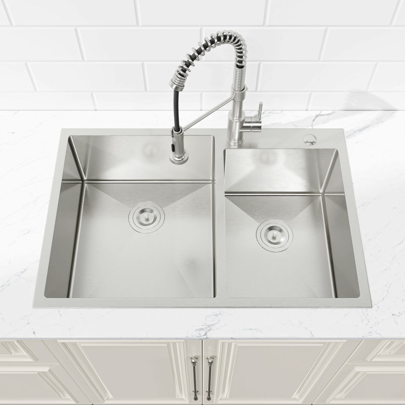 33"X19" Embedded Double Bowl Kitchen Sink, Handmade Sink In Brushed (Sink Only)