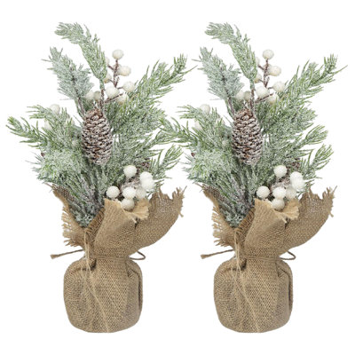 Artificial Frosted Pine Tree in Burlap - Set of 2 - 15"H - Green / Brown