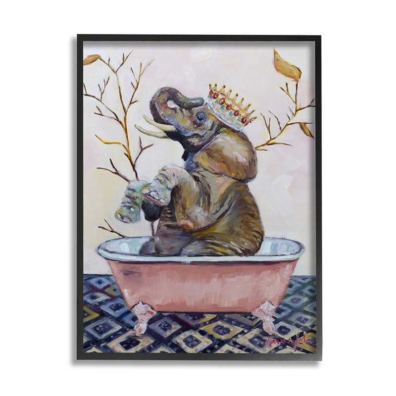 Regal Safari Elephant avec baignoire rose - impression d'art graphique, Giclée encadrée noir minuit