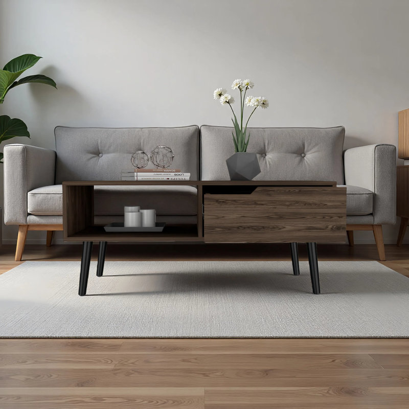 Coffee Table, One Open Shelf, One Drawer, Dark Walnut