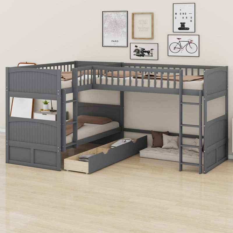 Lit superposé avec lit mezzanine attaché, avec deux tiroirs, Gris