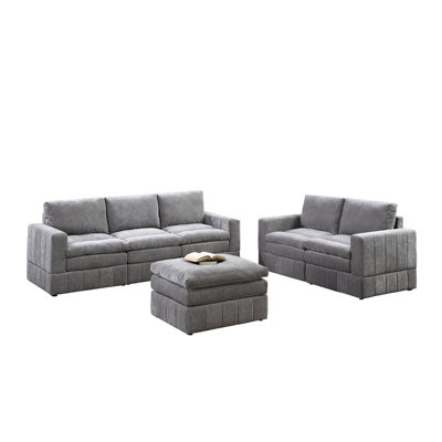 Modern 6pc - Modular Sectional Suede Fabric Graphite Furniture Granite