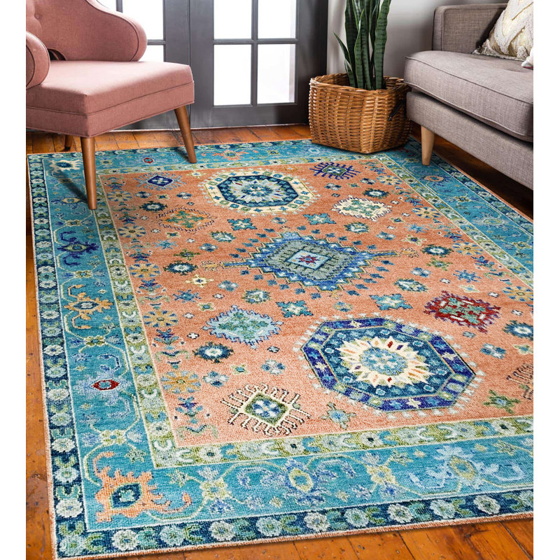 Ava Kazak Rust Hand Knotted Wool Rust / S.Blue Traditional Classic Area Rug, Rectangle 9' x 12'
