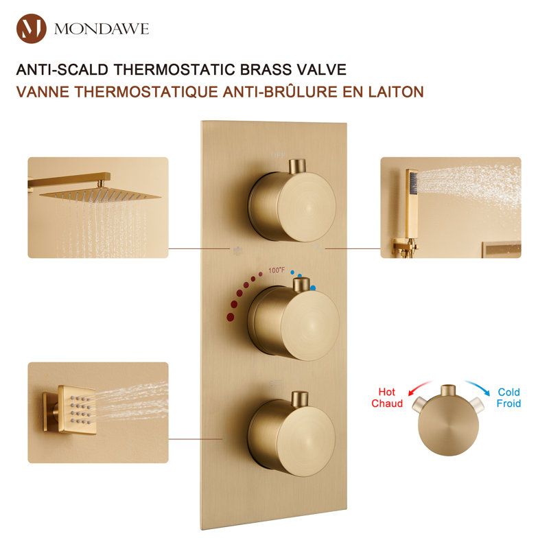 Brushed Gold Wall Mounted Rain Shower System with Handheld and Body Jets