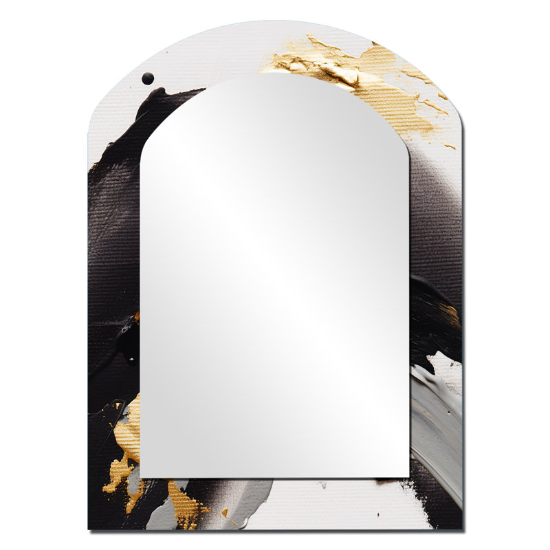 Exquisite Darling Gold Abstract Wave On Black II - Abstract Painting Asymmetrical Mirror, Gold Arch Unique Wall Mirror, Printed Metal Art