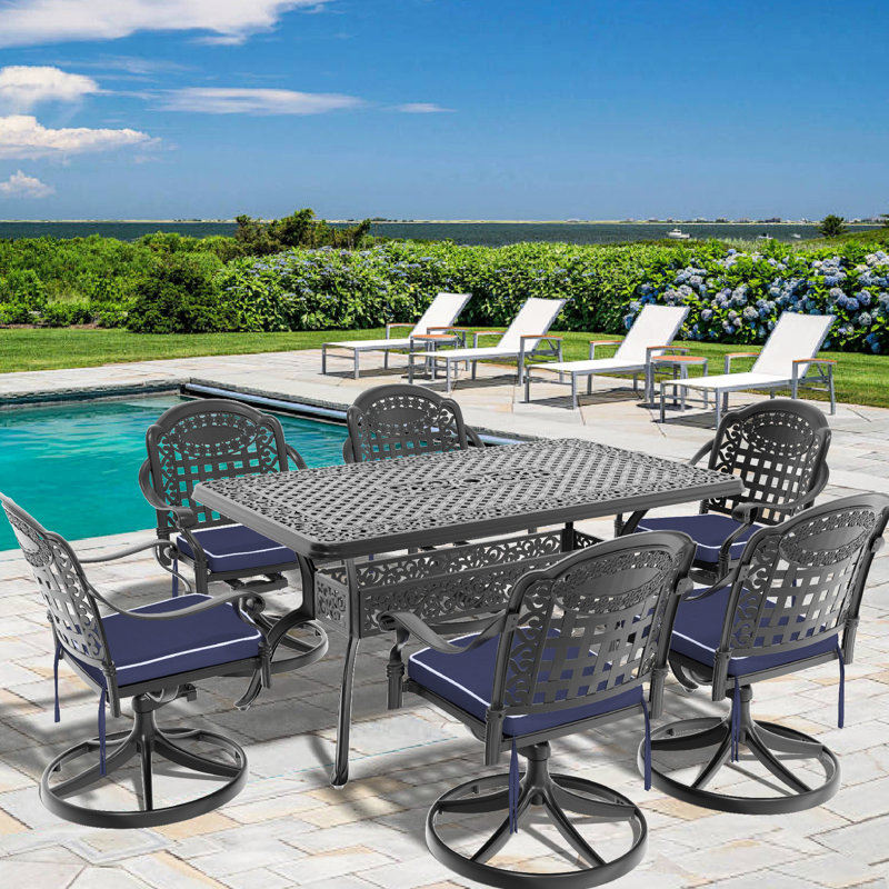 All-Weather 7: Aluminium, 6 chaises pivotantes et table rectangulaire, noires, résistantes aux intempéries, sièges confortables, capacité de 350 lb, table de 160 lb avec coussins de siège de couleur aléatoire en fonte d'aluminium