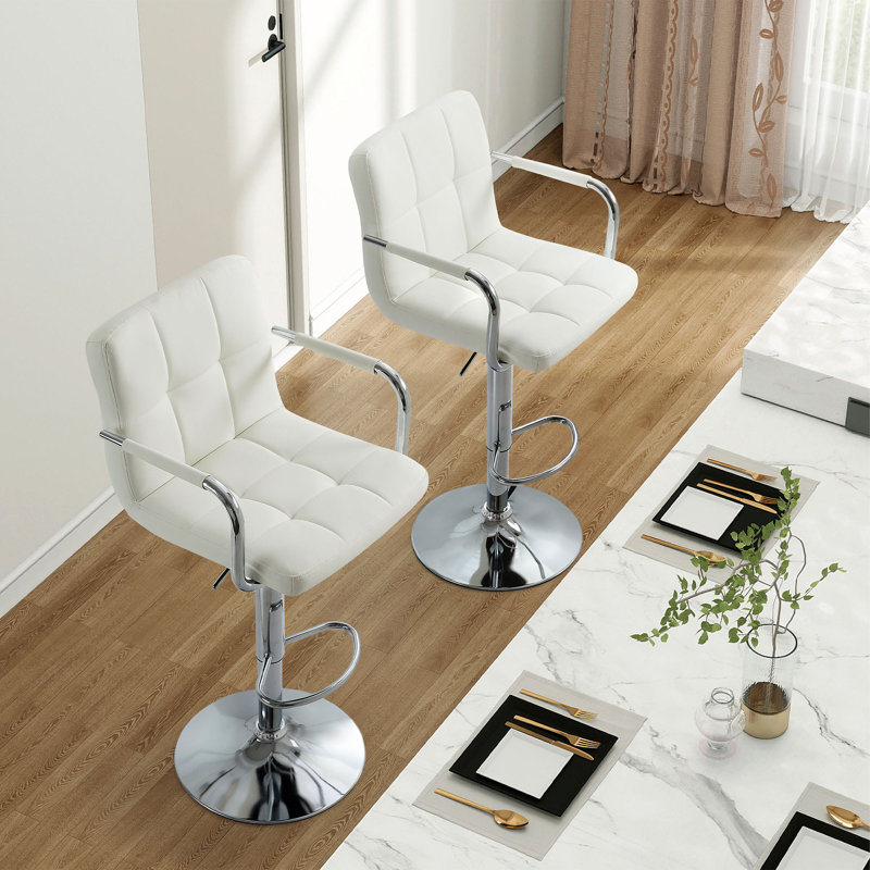 Set of 2 Adjustable Swivel Bar Stools, Modern PU Leather Upholstered Counter Height Bar Chairs with Chrome Base and Footrest, White