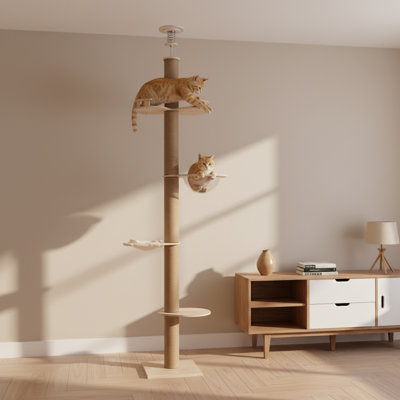 Floor-to-Ceiling Adjustable Cat Tree, Wooden Multi-Level Cat Tower