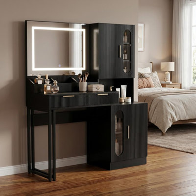 Fluted Vanity Desk with Mirror and Lights, 45" Wide Makeup Vanity with Large Cabinets, Drawers, Dressing Table with 3 Colour Lighting Modes, Built-in Charging Station for Bedroom, Black