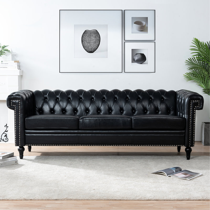 83,01 po de largeur pour 3 personnes, revêtement en cuir PU, coussins amovibles, mousse, décoration moderne large avec 3 sièges, cuir souple, assise confortable détachable, pieds de conception classique