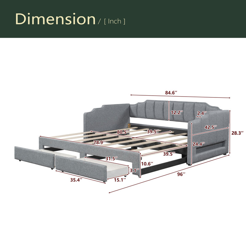Twin XL Size Extendable Upholstered Daybed With Two Storage Drawers And LED Light, Gray