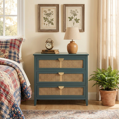 3 Drawer Rattan Accent Cabinet with Wood Grain Finish, Natural Rattan Panels, Metal Handle and 100 lbs Load Capacity